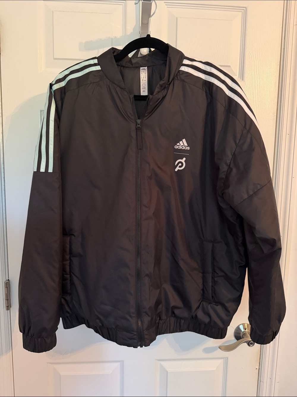 adidas x Peloton Black Track Jacket with Mint and White Stripes full zip bomber